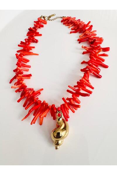 DEVİ fashion Devilux Coral Natural Stone Snail Necklace 45 cm