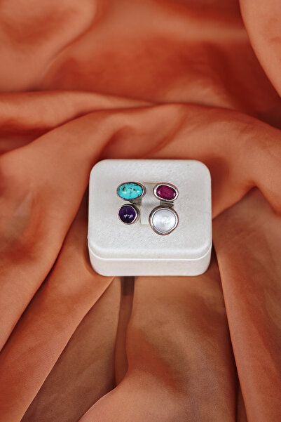 Luna Gerçek İnci,Firuze(Turkuaz),Yakut ve Ametist Doğal Taşlı Gümüş Yüzük