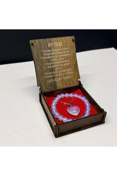 VURAL BİJUTERİ Özel Ahşap Kutulu Ay Taşı Bileklik Kolye Seti