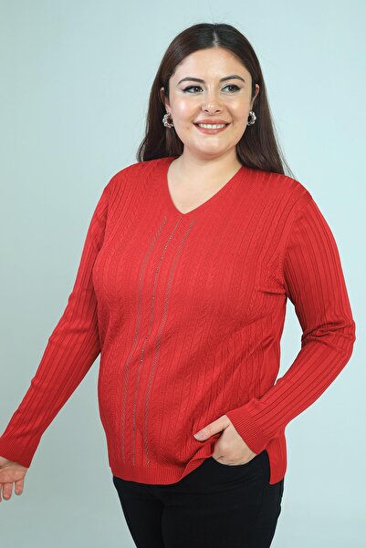 By Saygı Women's V-Neck Front Stripe Stone Printed Ribbed Plus Size Cold Yarn Knitwear Blouse