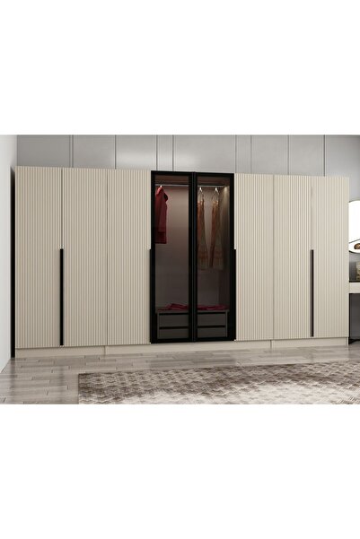 Minar Kale Plus 8 Mebran Kapaklı 2 Çekmeceli Dolap Kumtaşı Mebran Füme Cam 190CM