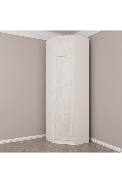 Minar Kale 1 Kapaklı Köşe Dolap + Yüklük Beyaz Eskitme Beyaz 235CM