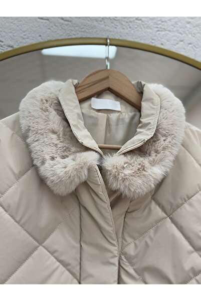 BENAHOLL Beluna Beli Cropped Collar Fur Detail Quilted Coat-En2176 Stone