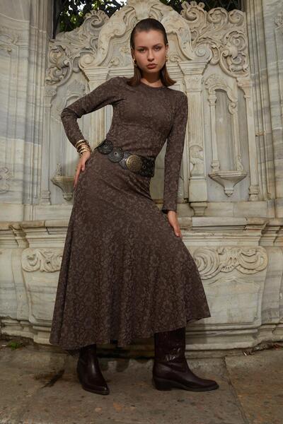 TENA Kadın Kahve Bisiklet Yaka Desenli Volanlı Elbise(111)