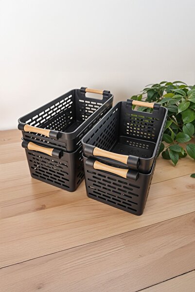 Silkyreal 4 Adet Çok Amaçlı Organizer Siyah Sepet Plastik Tutacaklı Dolap İçi...