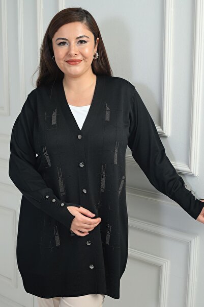 By Saygı Women's Long Cardigan with Button Detail on the Sleeves and Stone Print in Plus Size