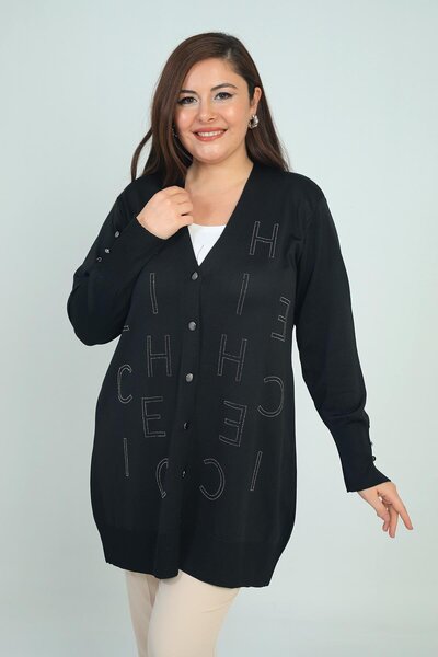 By Saygı Women's Sleeves Button Detailed Stone Letter Printed Cold Yarn Plus Size Cardigan