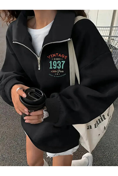 AEMİ Unisex Vintage Printed Half Zipper Black Oversize Sweatshirt