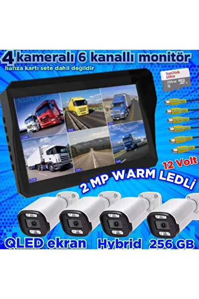 4 ADET AHD 2 MP BEYAZ WARM LEDLİ KAMERA 10'' QLED 6 KANALLI MONİTÖR SETİ 12 V 256 GB