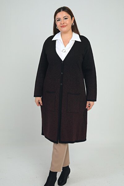 By Saygı Women's Karyağdı Pattern Pocketed Plus Size Knitwear Long Cardigan