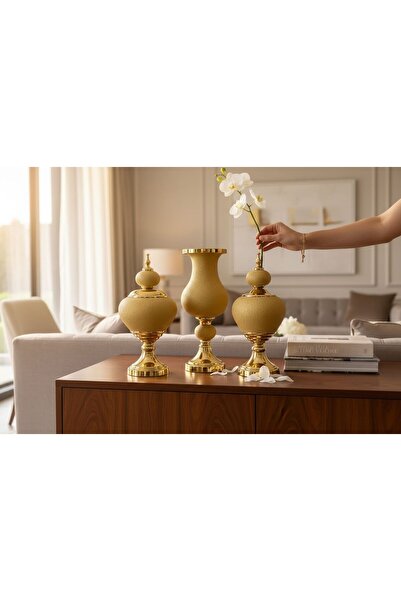 ECHOMEDECOR 3'LÜ LÜKS KLASİK DEKORATİF VAZO SETİ