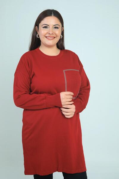 By Saygı Women's Front Single Pocket Stone Print Detailed Plus Size Knitweartunic Blouse