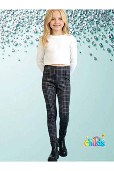 childs Checkered Smoked Grey Knitted Medium Thick Cotton Lycra Girls Ribbed Stitching Pants Leggings