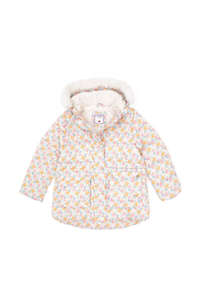 U.S. Polo Assn. Kız Çocuk Krem Çiçek Desenli İçi Polar Kapüşonlu Mont 50313063-VR256