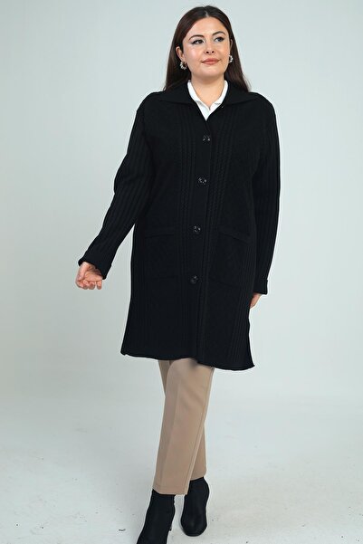 By Saygı Women's Hair Braided Pocketed Plus Size Padded Knitwear Cardigan