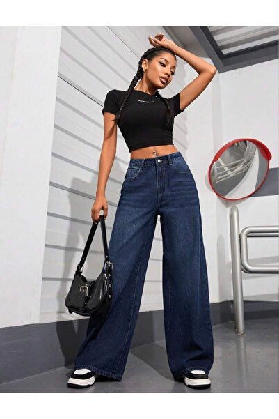 pass&pass بنطلون جينز بالازو جينز نسائي من قماش الدنيم بدون ليكرا 2020 - أزرق...