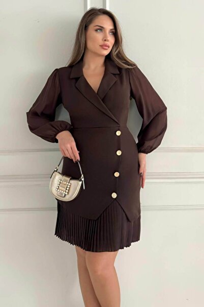 ZISHAN Kruvaze Blazer Şifon Uzun Kol Altın Düğmeli Plise Detaylı Midi Elbise (Kırmızı/Siyah/Kahve) 2665