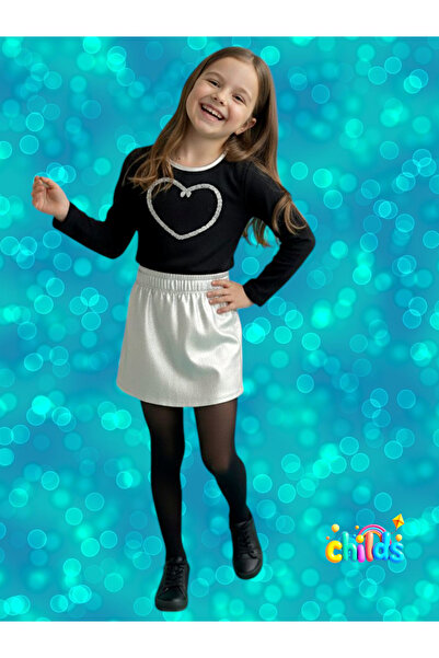 childs Top and Bottom Set Black Long Sleeve Top Shiny Silver Skirt