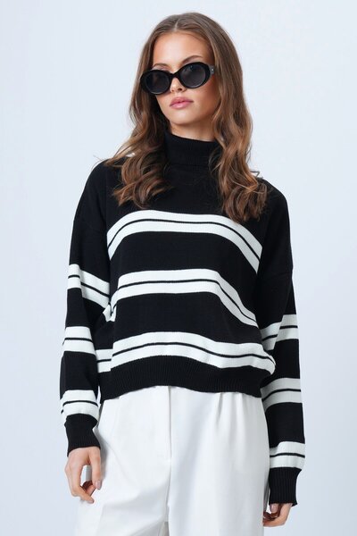 VAGGON Pulover tricotat cu mânecă lungă, cu dungi, negru, pentru femei Vs01325