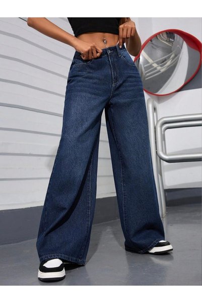 pass&pass 2020 Women's Lycra-Free Palazzo Jeans Jeans Denim Trousers - Dark Blue