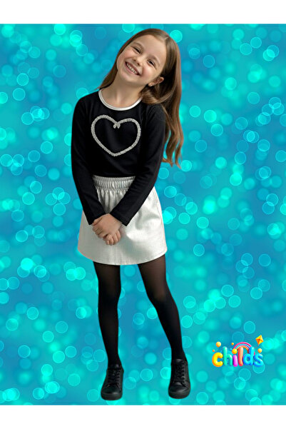 childs Top and Bottom Set Black Long Sleeve Top Shiny Silver Skirt