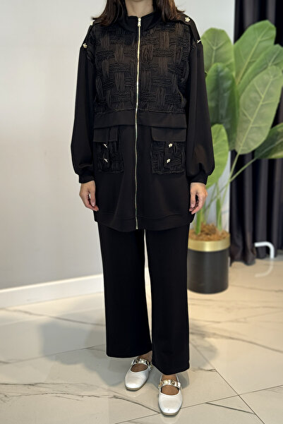 Lale Butik Tulle Cover Detailed Zippered Modal Suit 120278 Black