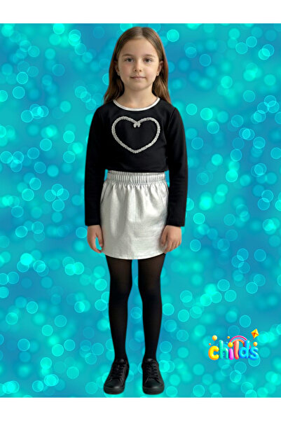 childs Top and Bottom Set Black Long Sleeve Top Shiny Silver Skirt