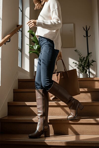 DİVOLYA Δερμάτινες μπότες καθημερινής χρήσης Karmen Brown (6cm) με τακούνι και φερμουάρ στο πλάι