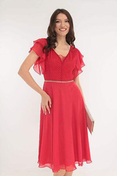 Vanessa Line RO Red tulle occasion dress with ruffles on the shoulders