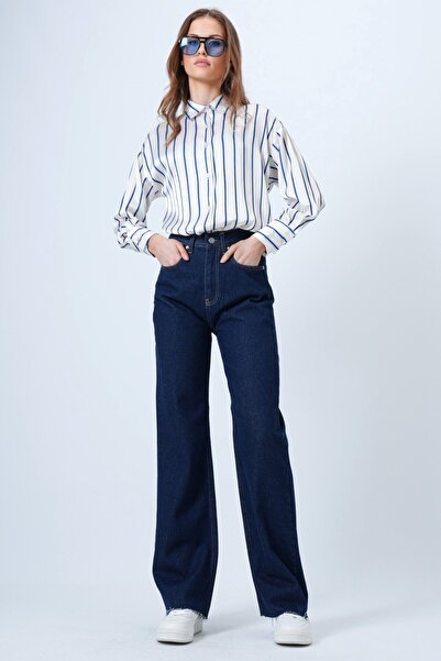 VAGGON Women's Dark Navy High Waist Wide Tassel Leg 5-Pocket Denim Pants Vs01358