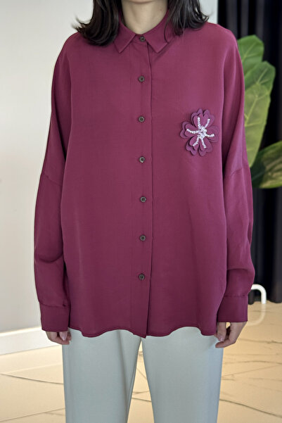 Lale Butik Floral Detailed Shirt Blouse 31531 Burgundy