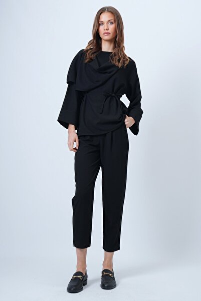 VAGGON Women's Black Shawl Detailed Wide Cuff Blouse Double Pocket Trousers Set Vs01353