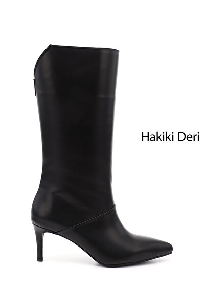 GÖNDERİ(R) Women's / Girls' Black Platinum Zippered Thin Heeled Genuine Leather Boots