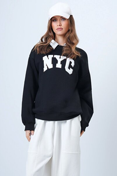 VAGGON Γυναικείο μαύρο φούτερ με κέντημα με λαιμόκοψη με μακρυμάνικο ριμπάκι εσωτερικά επένδυση fleece 3 νήματα Vs01322