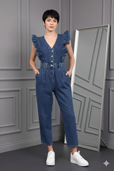 Lores Giyim Kadın Fırfır Detaylı Kolsuz Mom Kalıp Denim Tulum Mavi