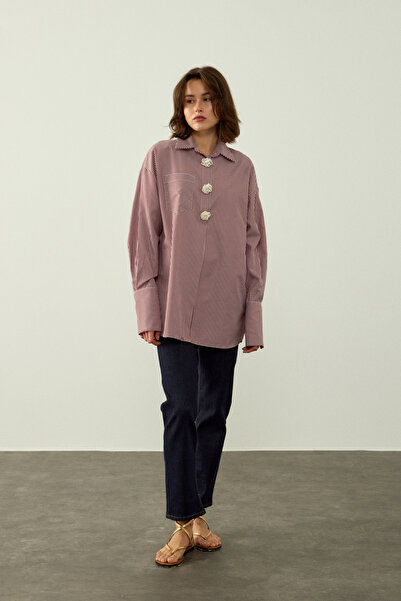 TEREZIE ÇİZGİLİ DÜĞME DETAYLI OVERSIZE POPLİN GÖMLEK