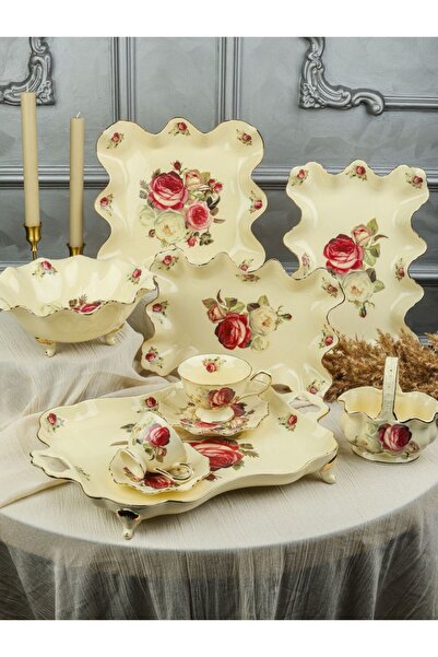 ROY KING Porcelain 6-Piece Dinner Plate Set 23 cm Cream Gold Rose Pattern Rose