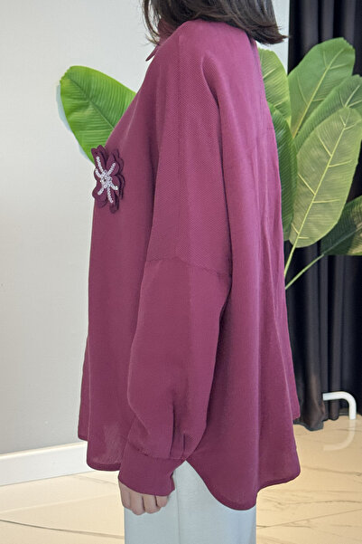 Lale Butik Floral Detailed Shirt Blouse 31531 Burgundy