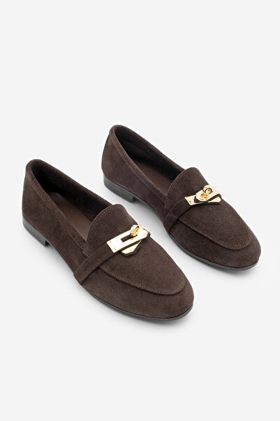 Marjin Women's Loafer Genuine Leather Buckle Moccasin Casual Shoes Nador Brown Suede