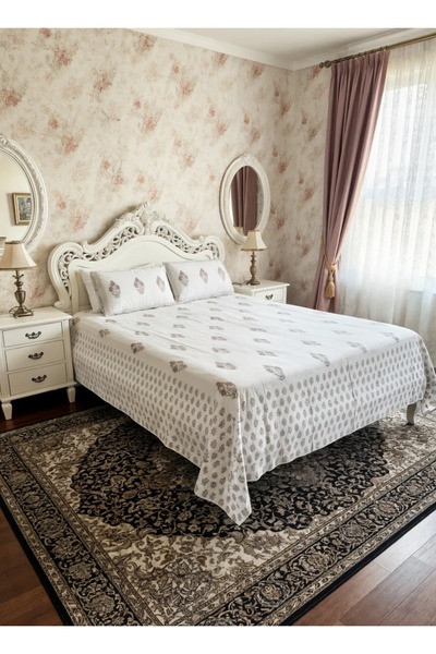 SARAS LABEL Heritage Block Print 100% Cotton Percale Bedsheet with 2 Pillowcases
