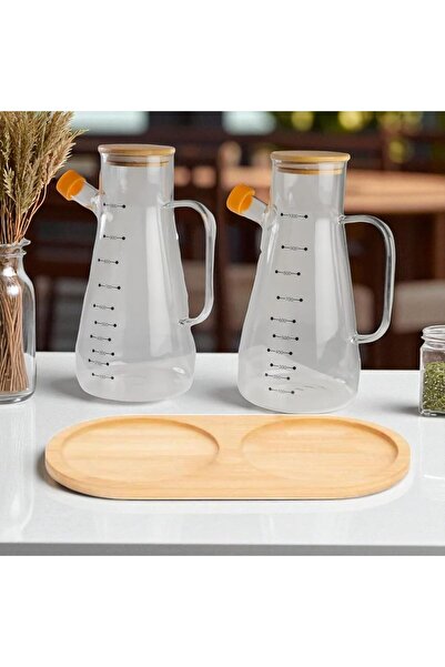 STOREMAX 3'lü Yağdanlık Seti Borasilikat Bambu Kapaklı Yağlık Altlığı Ayçiçek...