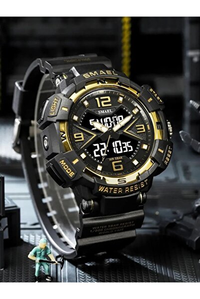 SMAEL Men's Wristwatch Dual Time Army Style LED Military Stopwatch Alarm Sport Black Gold