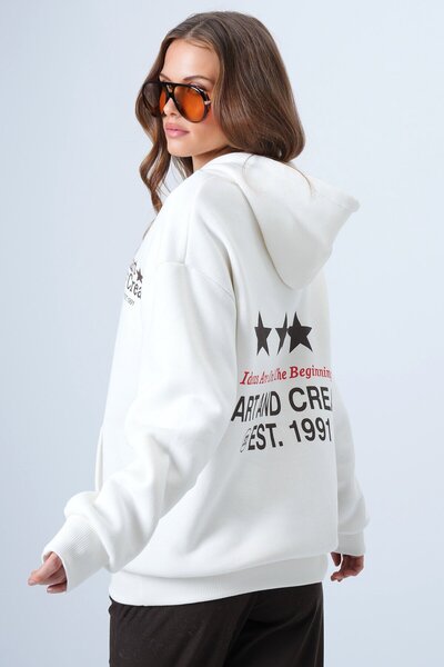 VAGGON Γυναικείο φούτερ εκρού με κουκούλα με τύπωμα με μακρυμάνικο μπλουζάκι με τσέπες καγκουρό εσωτερικά επένδυση fleece 3 νήματα Vs01337