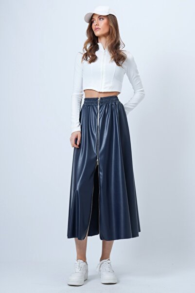 VAGGON Women's Navy Blue Elastic Waist Zippered Faux Leather Skirt Vs01388