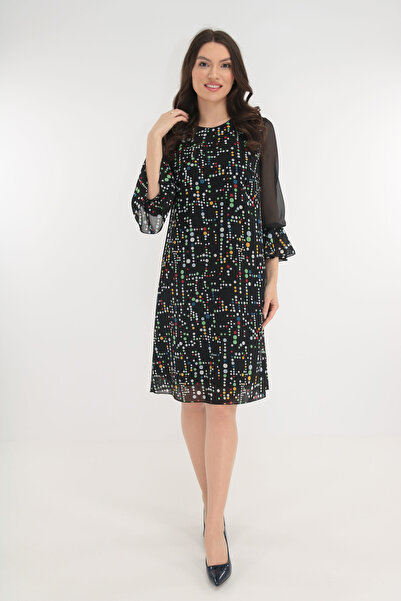 Vanessa Line RO Κομψό μαύρο φόρεμα με πολύχρωμες πουά βούλες