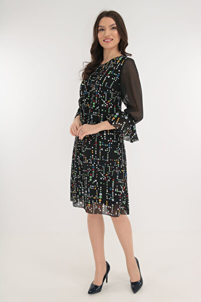 Vanessa Line RO Κομψό μαύρο φόρεμα με πολύχρωμες πουά βούλες