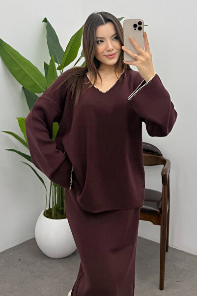 Ladima Set de tricotaje pentru femei, burgundy, cu cusături de ciobănesc, cu ...