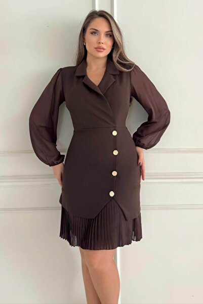 ZISHAN Kruvaze Blazer Şifon Uzun Kol Altın Düğmeli Plise Detaylı Midi Elbise (Kırmızı/Siyah/Kahve) 2665