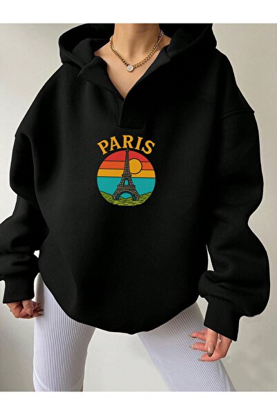 Deocept Φούτερ Unisex Μαύρο με λαιμόκοψη σε σχήμα V με κουκούλα Paris με τύπωμα oversized