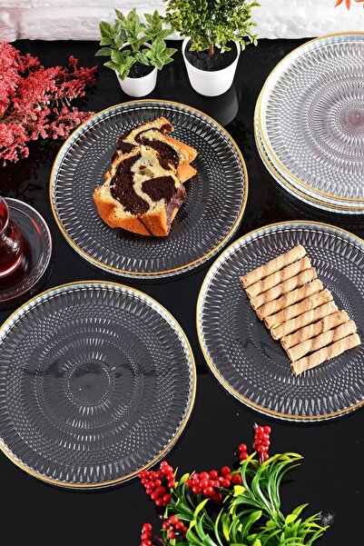 STOREMAX Marsilya Cam Pasta-Kek-Tatlı Tabağı 6'lı Şeffaf/Kenarı Yaldızlı-21 c...